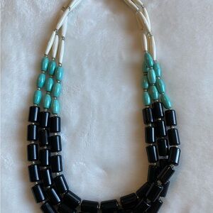 Bone Onyx and faux Turquoise Beaded 3 strand Necklace & Earrings